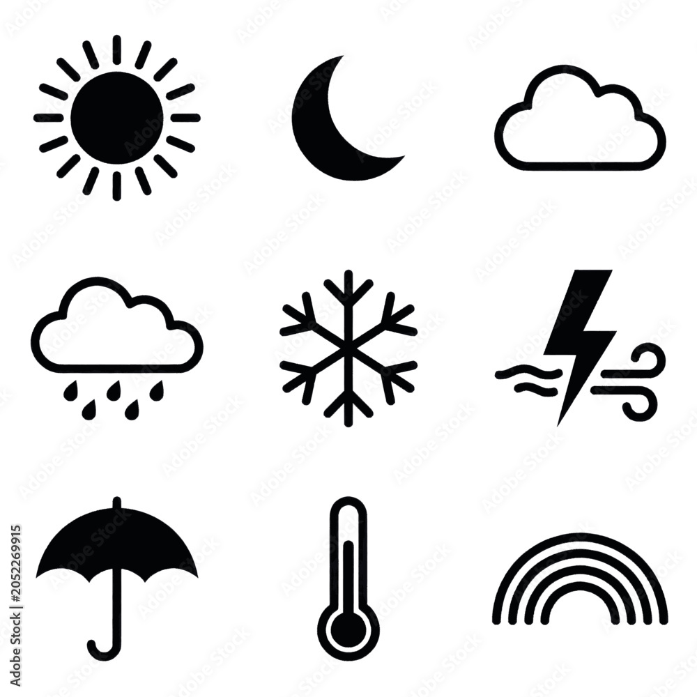 Naklejka premium Collection of weather icons representing different meteorological conditions and forecasts.
