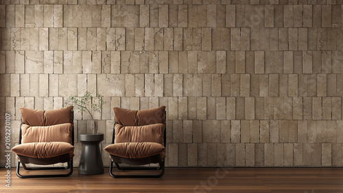 Luxury Minimalist Interior with Leather Lounge Chairs and Textured Stone Wall. 3d render