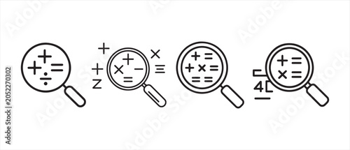 Bild auf Leinwand Set of magnifier glass icons with math symbols addition subtraction multiplication and division signs for education and analysis