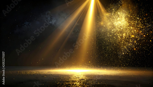 Golden spotlight illuminating glittering particles and smoke on a dark stage, award ceremony or performance background