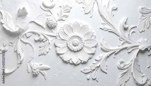 Intricate white floral relief pattern, baroque ornamentation with detailed flower and leaves, classic decorative element with textured surface