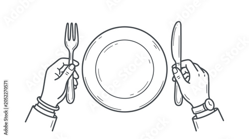 Foto Hands Holding Fork and Knife Ready to Eat at Empty Plate, Top View