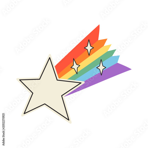 Retro rainbow shooting star with sparkles isolated on white. Y2K aesthetic pride month graphic for LGBTQ visibility, queer symbol, and vibrant digital stickers. Vector illustration.