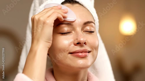 Beauty Skincare Routine After Take a Bath with Gua Sha Cosmetic Application 