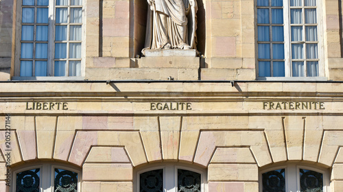 Close-up Detail on the French National Motto 'Liberte Egalite Fraternite' on Ducal Palace of Dijon, France