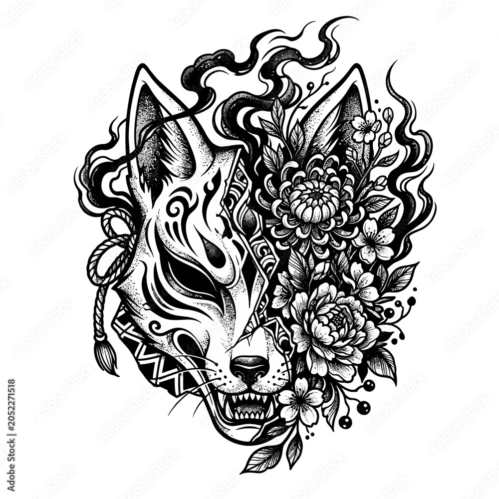 Fototapeta premium Japanese Fox Mask Floral Illustration, Black Ink Art