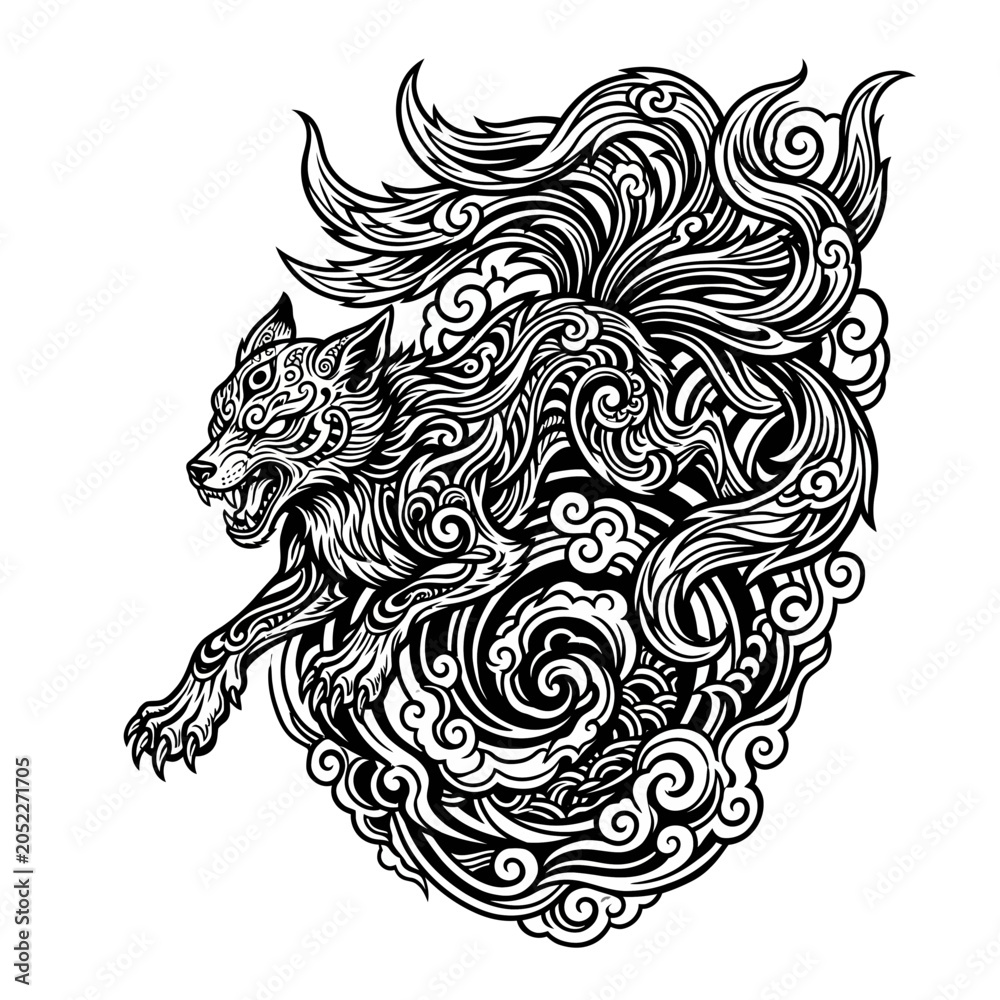 Fototapeta premium Mythical fox illustration, black and white artwork