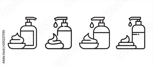 Set of four soap dispenser bottle icons with foam cream and lotion.
