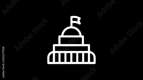 Stylized white icon of a government building with a dome and flag on a black background