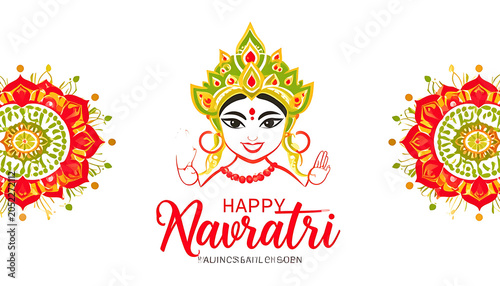 Happy Navratri goddess Durga illustration, colorful floral motifs and festive text, Indian cultural festival celebration