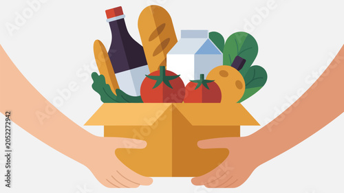 Foto food donation and community support concept with grocery box, charity giving, vo