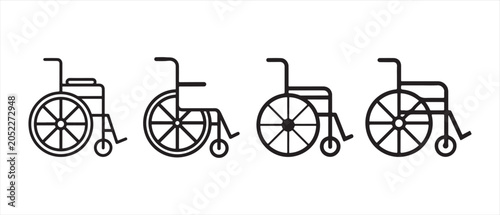Set of four simple black line icons of wheelchairs for medical and disability health care symbols.