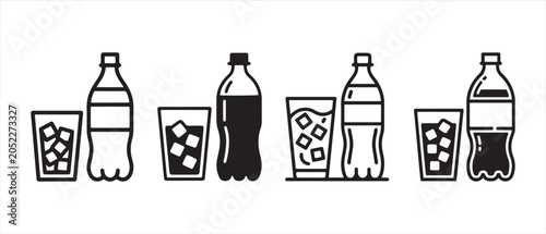 Photos Set of soda bottles and glasses with ice cubes in simple black line art style