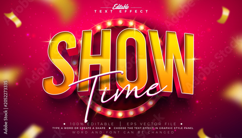 Photos Show Time Text Effect Design Editable Vector Graphic Style Effect with Light Bulb Frame Billboard and 3d Typography Lettering on Falling Gold Confetti Background