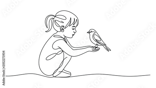 Fotografija continuous one line drawing of little girl feeding bird, friendship with nature