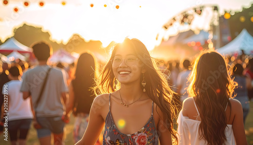Happy young woman smiling in sunlight at outdoor music festival with blurred crowd and tents in background, warm sunset atmosphere