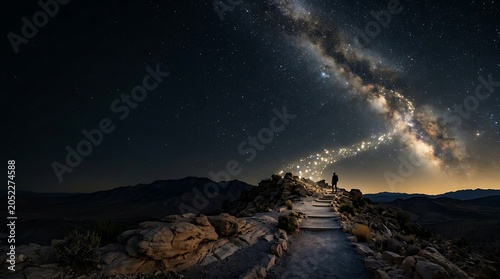 Hiker on rocky trail watching magical stars in the night sky