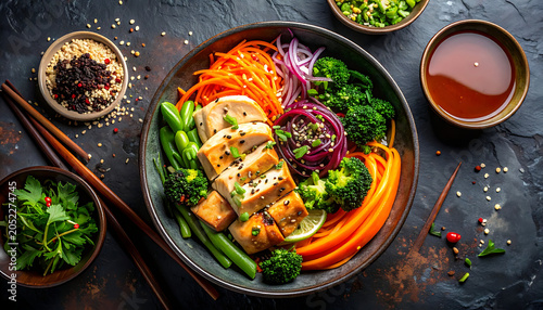 Healthy chicken and vegetable bowl with vibrant ingredients and sesame seeds, overhead shot on dark background