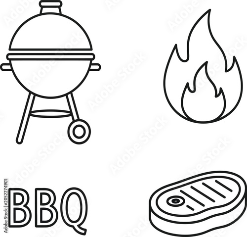Bbq set with kettle grill, flame, steak, and text barbecue