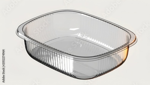 Single empty transparent plastic container for food storage or takeaway packaging rests on white surface showing clean minimalist design and durable material for catering and meal preparation.