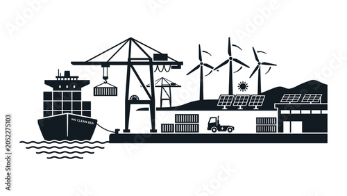 Industrial seaport logistics with renewable energy infrastructure silhouette.