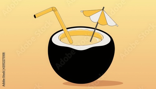 Minimalist digital illustration of coconut drink with yellow straw and decorative cocktail umbrella placed on warm beige gradient background for tropical summer beverage concept and vacation mood.