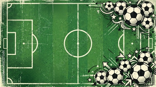 Vintage soccer field background with grunge texture, retro football pitch illustration with soccer balls and stars, green sports stadium poster design