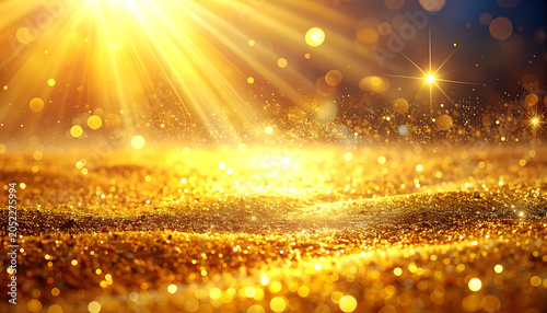golden waves and bokeh lights, abstract background with sun rays, luxury and celebration concept