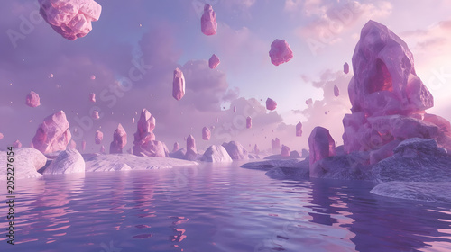 Surreal Pink Crystal Landscape with Floating Rocks and Water