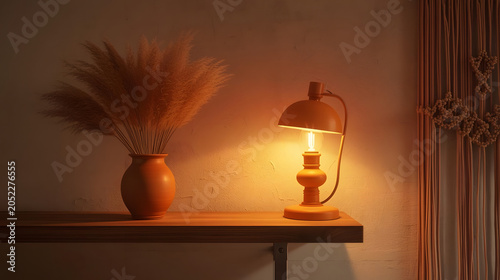Cozy autumn still life with lantern and dried flowers on wooden shelf in warm light
