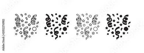 Confetti and streamers icons, depicted in various artistic styles: outline, solid black silhouette, lightly shaded, and a dynamic hand-drawn sketch.