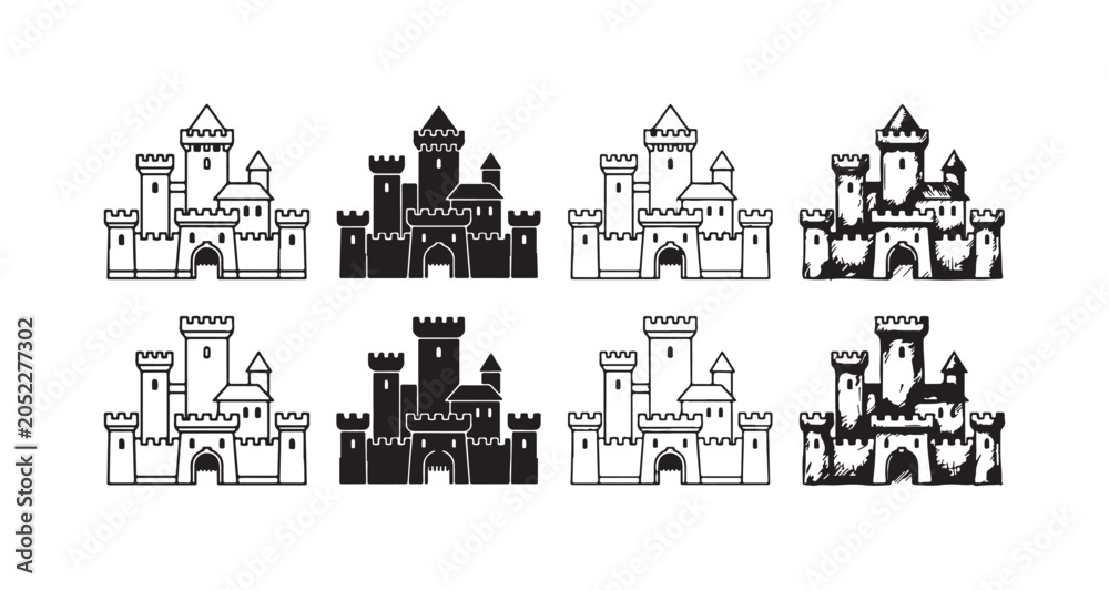 Naklejka premium Set of eight detailed multi-towered medieval castle icons in outline, solid, and hand-drawn styles, featuring a prominent gate and multiple turrets