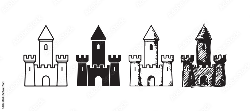 Naklejka premium Collection of four simple castle icons with a single tall central tower, presented in outline, solid, and detailed hand-drawn sketch styles