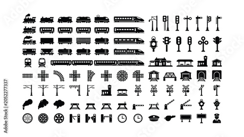 Comprehensive collection of black and white railway and train transport icons.