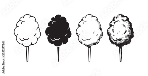 Foto Four stylized cotton candies on sticks in outline, solid, and hand-drawn sketch