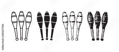 Foto Collection of juggling clubs icons, showcasing four distinct styles: simple outl