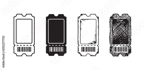 Schilderij op canvas Four cinema or event tickets with barcode designs, displayed in distinct styles: