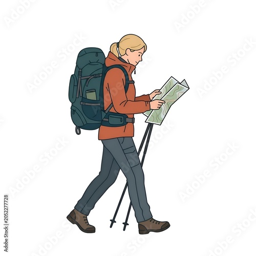 Hand-drawn illustration of a woman hiker with a backpack and trekking poles, walking and looking at a map on a white background