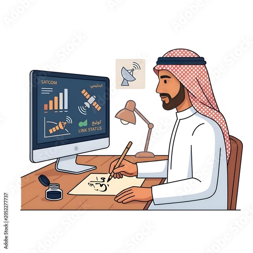 Arab man in thobe and ghutra writing calligraphy at desk with computer monitor displaying SATCOM data, flat design illustration