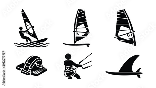 Set of black and white windsurfing and kitesurfing equipment icons.