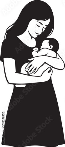 Mother holding baby tender care and affection black silhouette high quality professional detailed
