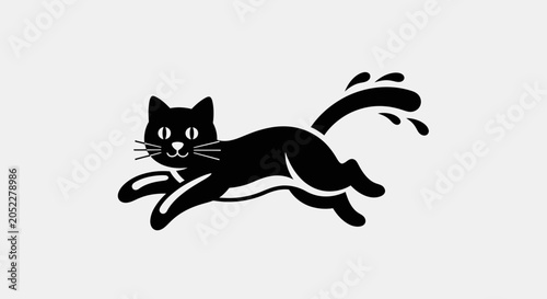 Photography Black cat with white facial features and tail in mid-leap on gray background