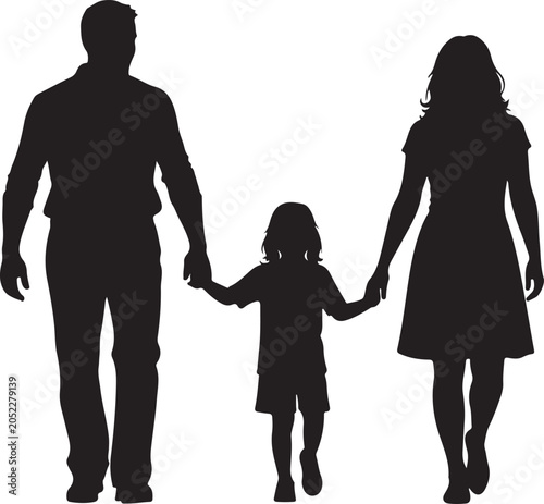 family of three holding hands walking together black silhouette high quality professional detailed
