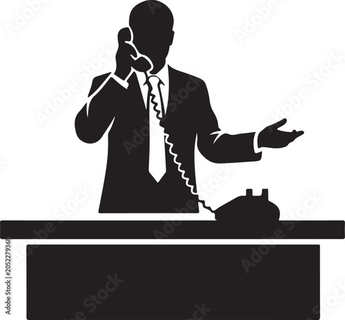business man talking on telephone at desk black silhouette high quality professional detailed