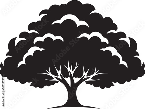 Tree silhouette with dense foliage and branching trunk black and white silhouette