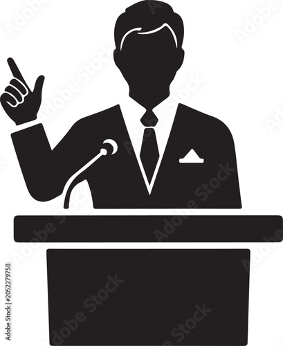 speaker silhouette at podium with microphone black and white vector illustration silhouette