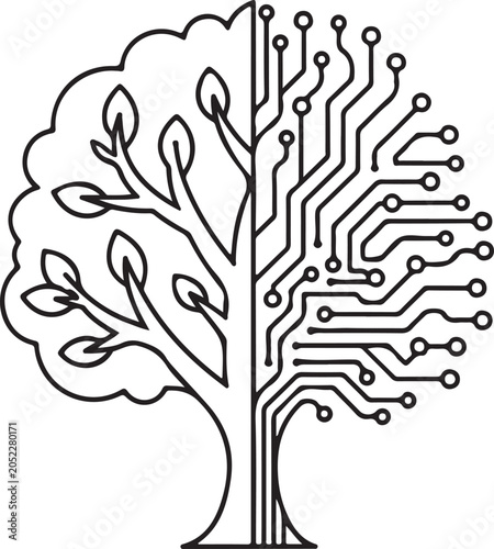Tree with circuit board design black and white vector silhouette high quality professional