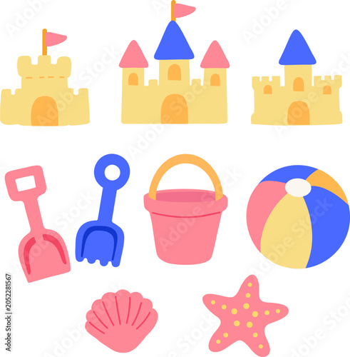 Cute vector illustration set of colorful beach toys and sandcastles. Includes a sand bucket, toy shovels, a beach ball, a seashell, and a starfish isolated