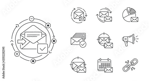Foto Email marketing and communication line icon set for digital business strategy