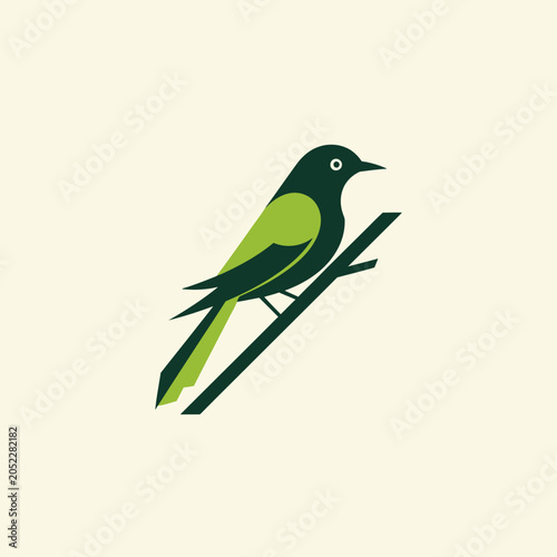 Photos Minimalist digital illustration of a bird perched on a branch against a plain ba